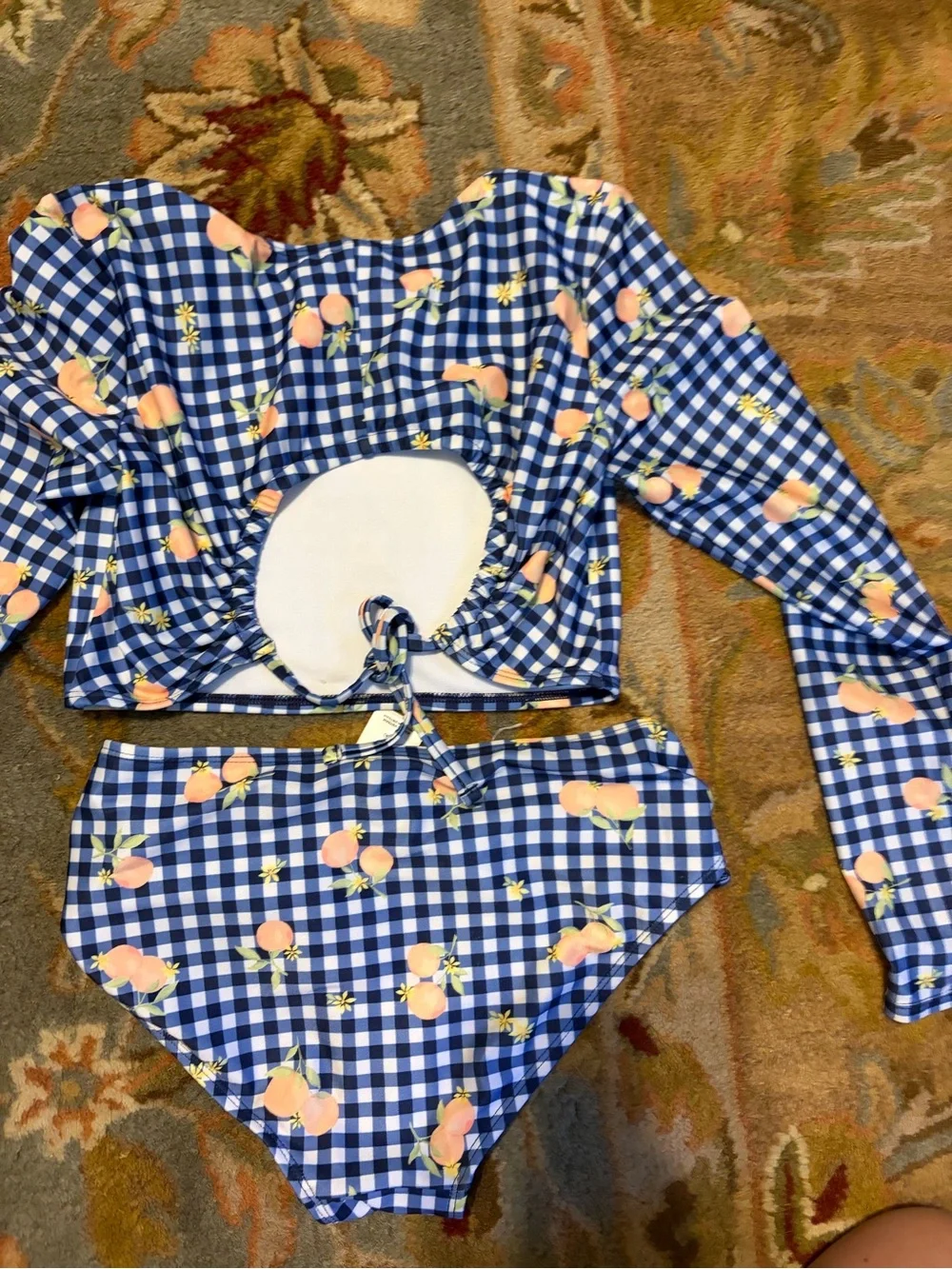 art class Blue Gingham Rash Guard Set with Peach Print